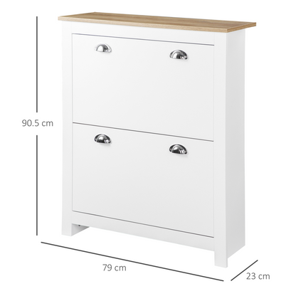 2 Drawer Shoe Cabinet Narrow Shoe Cupboard with Flip Doors White