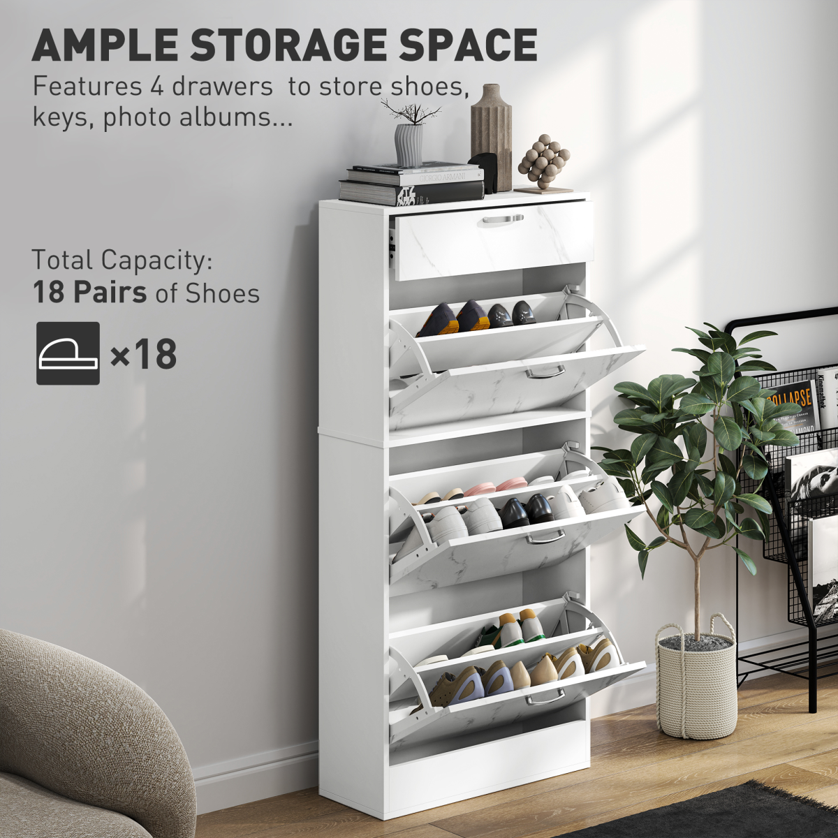 HOMCOM Shoe Cabinet w/ 4 Drawers Shoe Storage Organiser for 18 Pairs Black