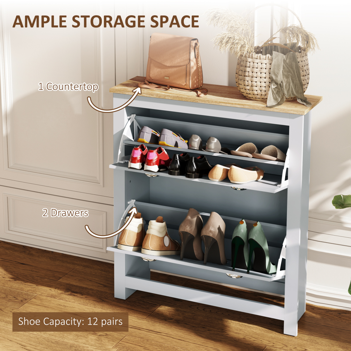 HOMCOM 2 Drawer Shoe Cabinet Narrow Shoe Cupboard with Flip Doors, Grey