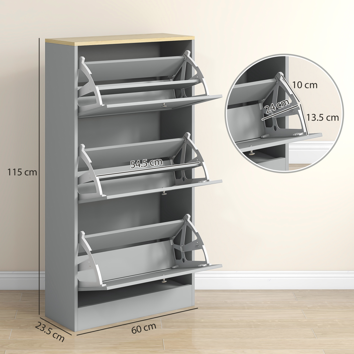 HOMCOM Narrow Shoe Cabinet with 3 Flip Drawers for 18 Pairs of Shoes Grey