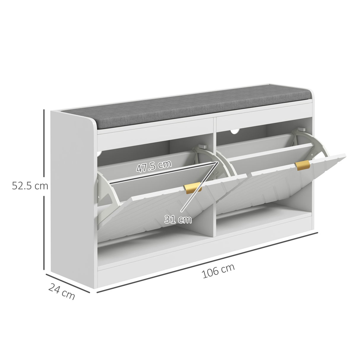 HOMCOM Shoe Bench with 2 Flip Drawers, Cushion, 8 Pairs for Entryway White