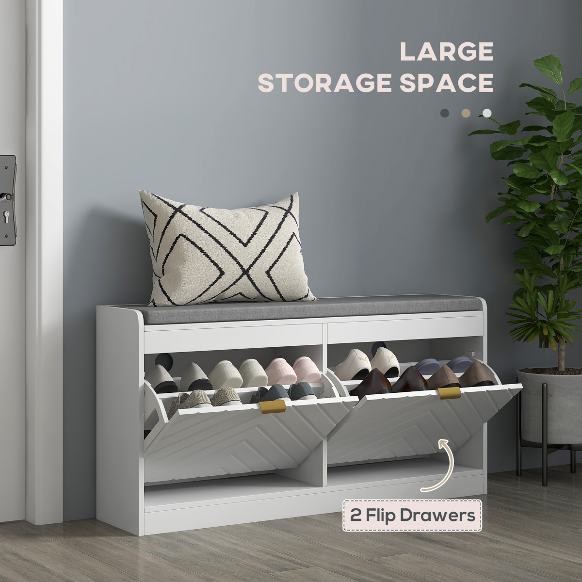 HOMCOM Shoe Bench with 2 Flip Drawers, Cushion, 8 Pairs for Entryway White