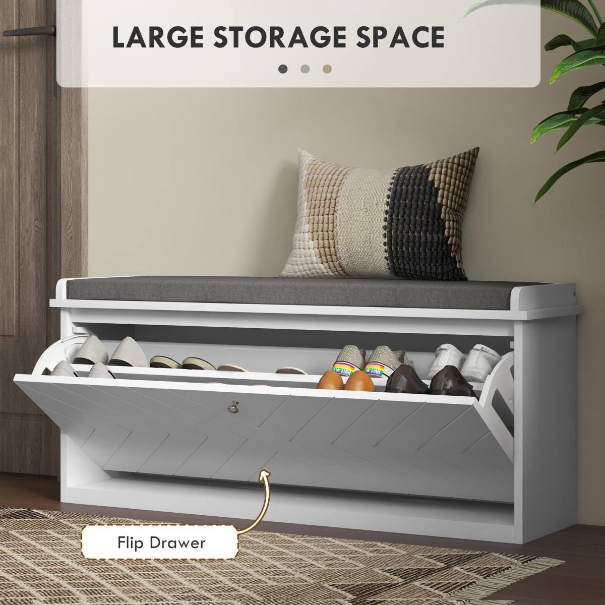 HOMCOM Shoe Bench with Flip Drawer, Cushion, 10 Pairs for Entryway White