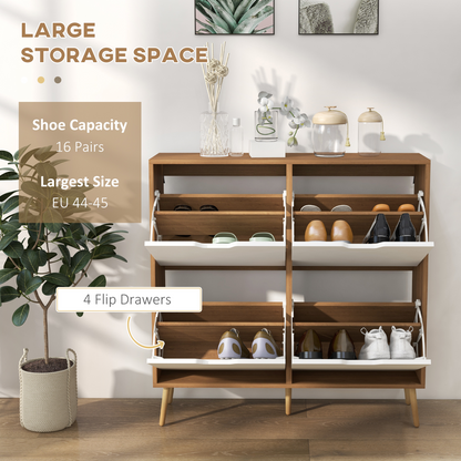 HOMCOM Shoe Storage Cabinet with 4 Flip Drawers for 16 Pairs of Shoes, Natural