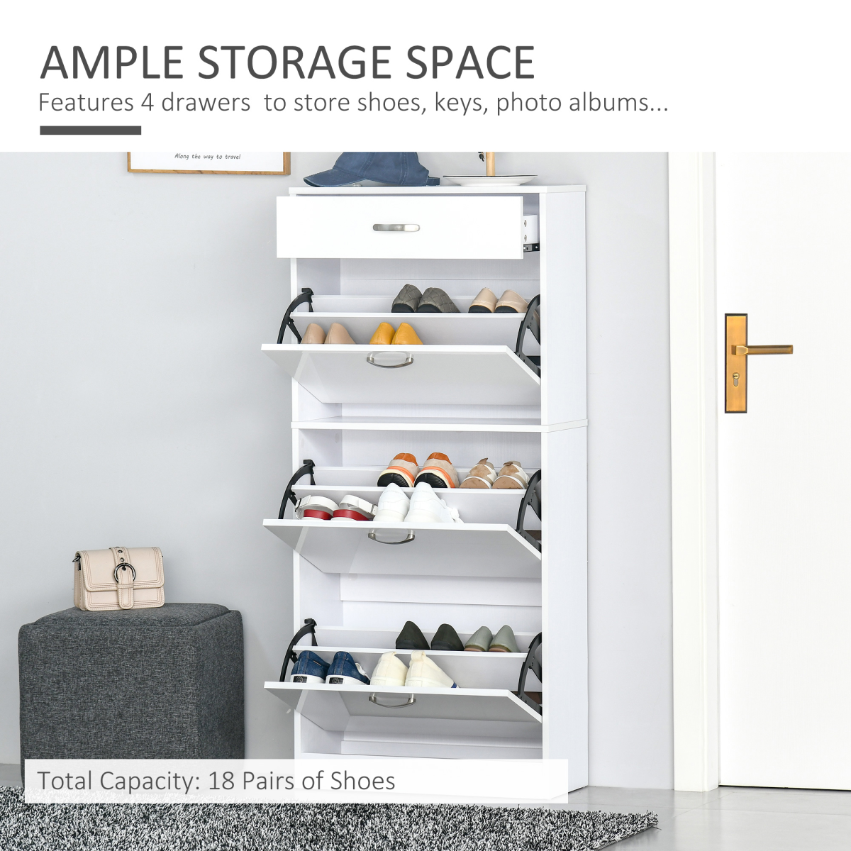 Shoe Cabinet 4 Drawers Storage with Flip Doors Shelves for 18 Pairs White