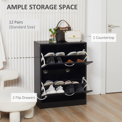 Shoe Cabinet Storage Cupboard 2-Tier Wood 12 Pairs Black