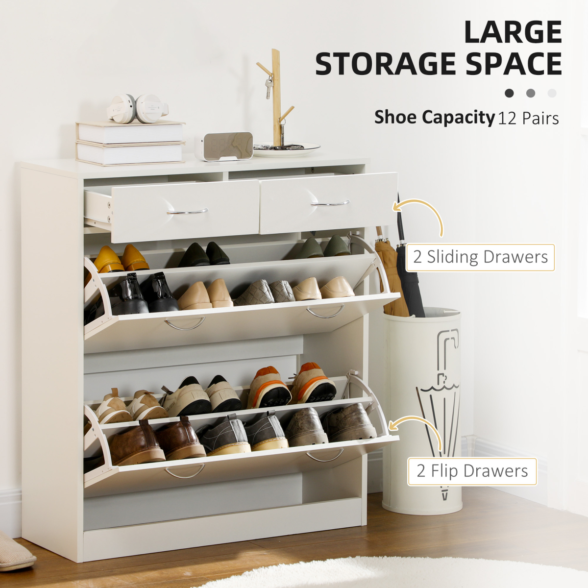 HOMCOM Slim Shoe Cabinet with 2 Flip Drawers for 12 Pairs of Shoes White