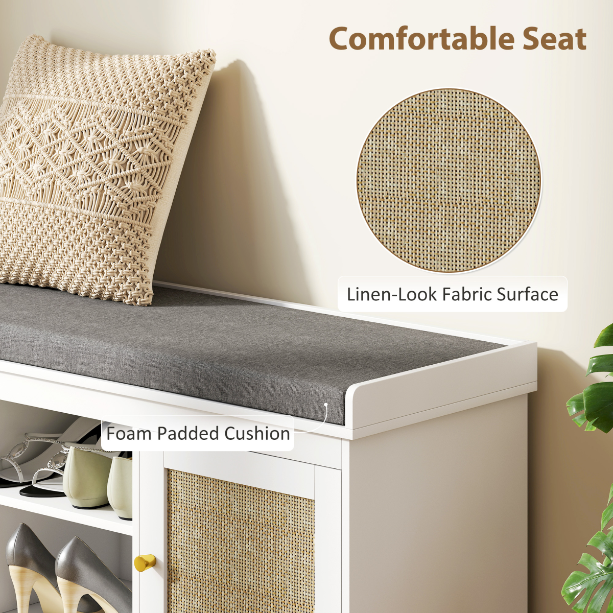 HOMCOM Shoe Bench, Boho Shoe Storage Bench with Padded Cushion, White