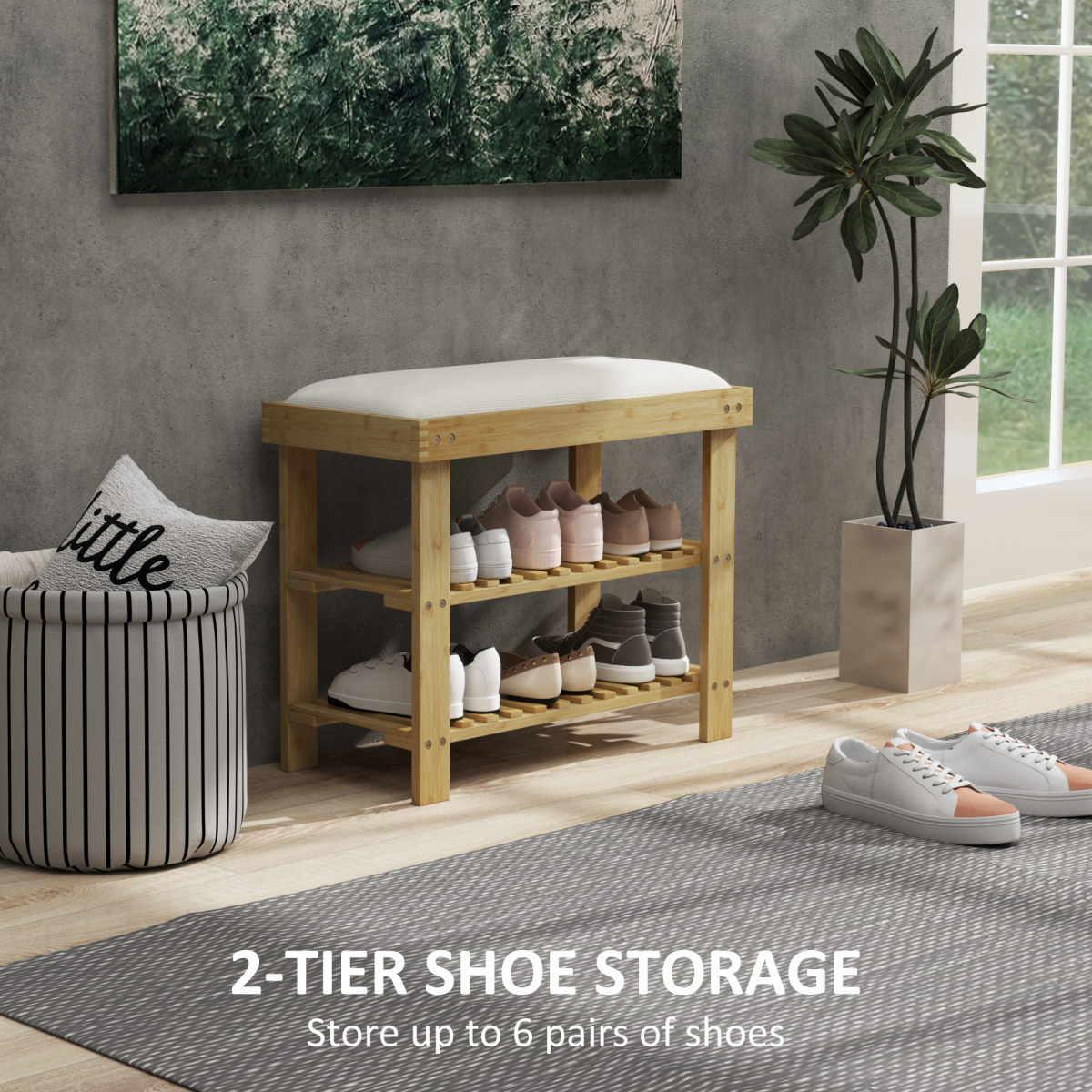 HOMCOM 3-Tier Shoe Storage Bench, Bamboo Shoe Rack for Entryway, Cream