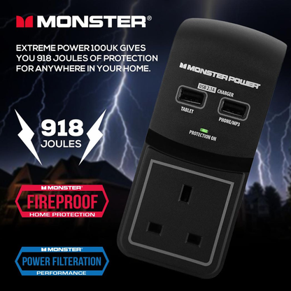 Monster Power Core 100 Surge Protected Socket with 2 USB Charging Ports, Black