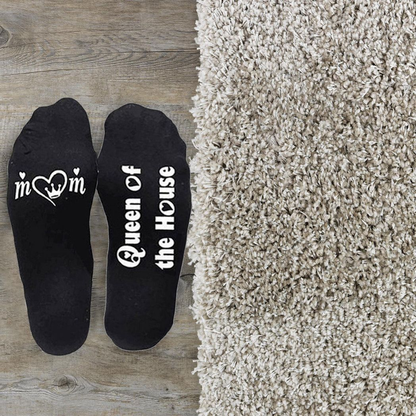 Flo Novelty Cotton Mid Calf Socks with Funny Slogans, Queen of the House, Black