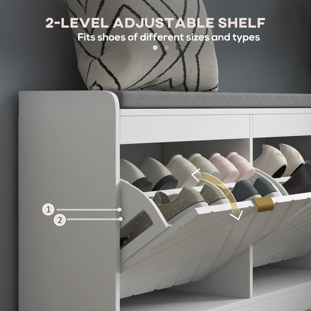 HOMCOM Shoe Bench with 2 Flip Drawers, Cushion, 8 Pairs for Entryway White