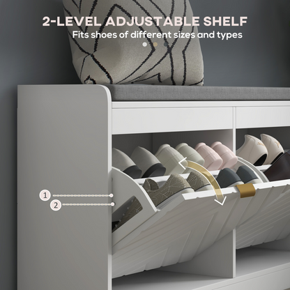 HOMCOM Shoe Bench with 2 Flip Drawers, Cushion, 8 Pairs for Entryway White