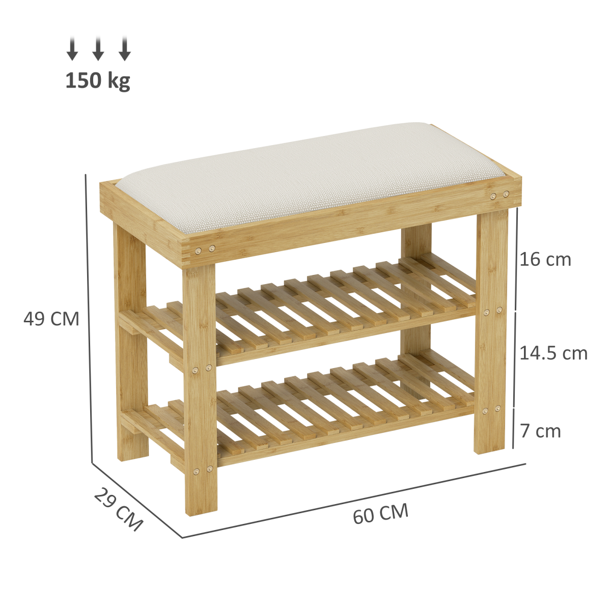 HOMCOM 3-Tier Shoe Storage Bench, Bamboo Shoe Rack for Entryway, Cream