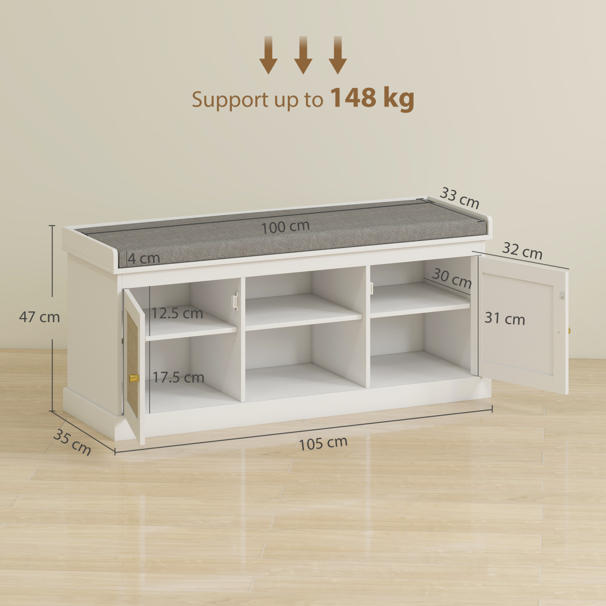 HOMCOM Shoe Bench, Boho Shoe Storage Bench with Padded Cushion, White