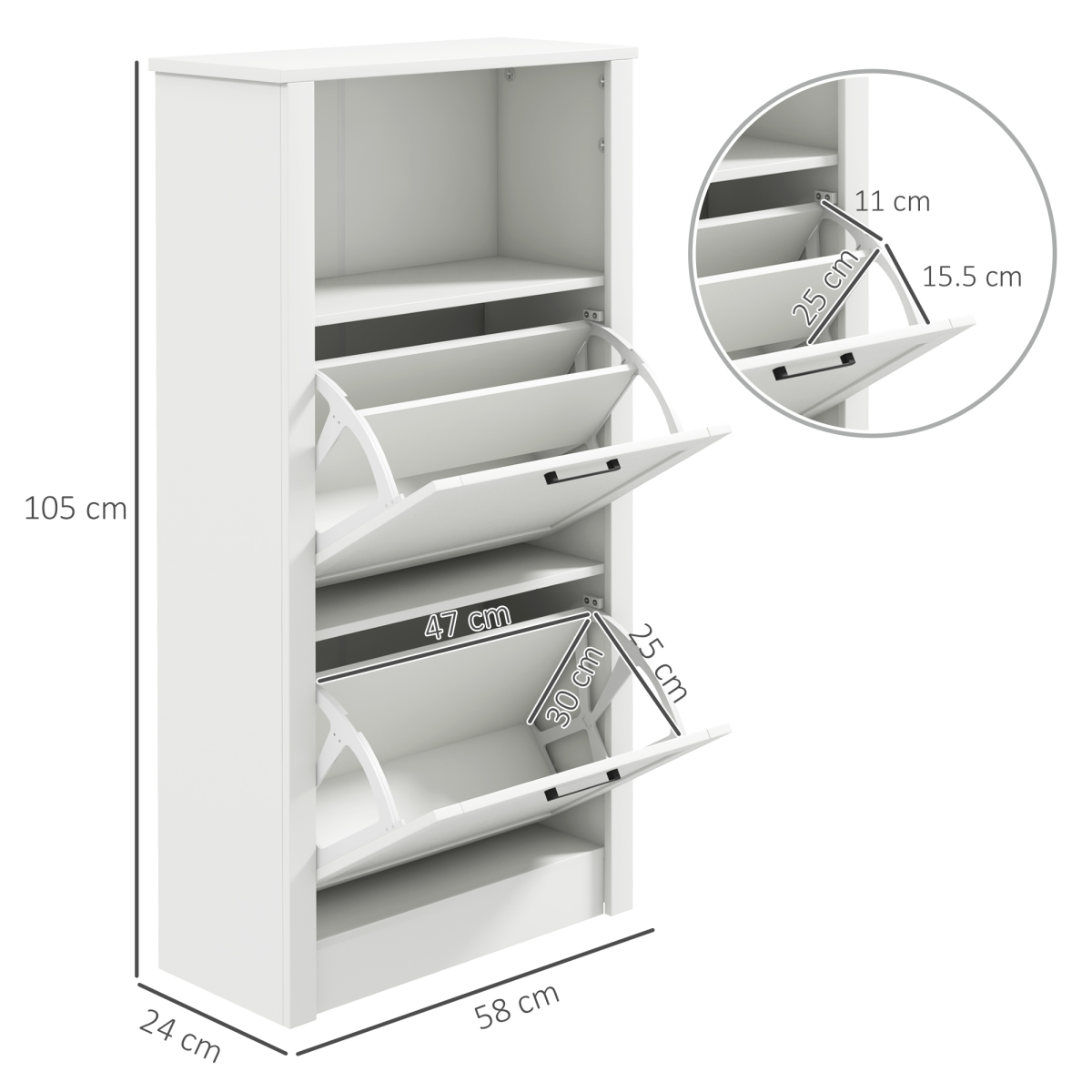 HOMCOM Modern Shoe Cabinet with 2 Flip Drawers and Adjustable Shelves, White