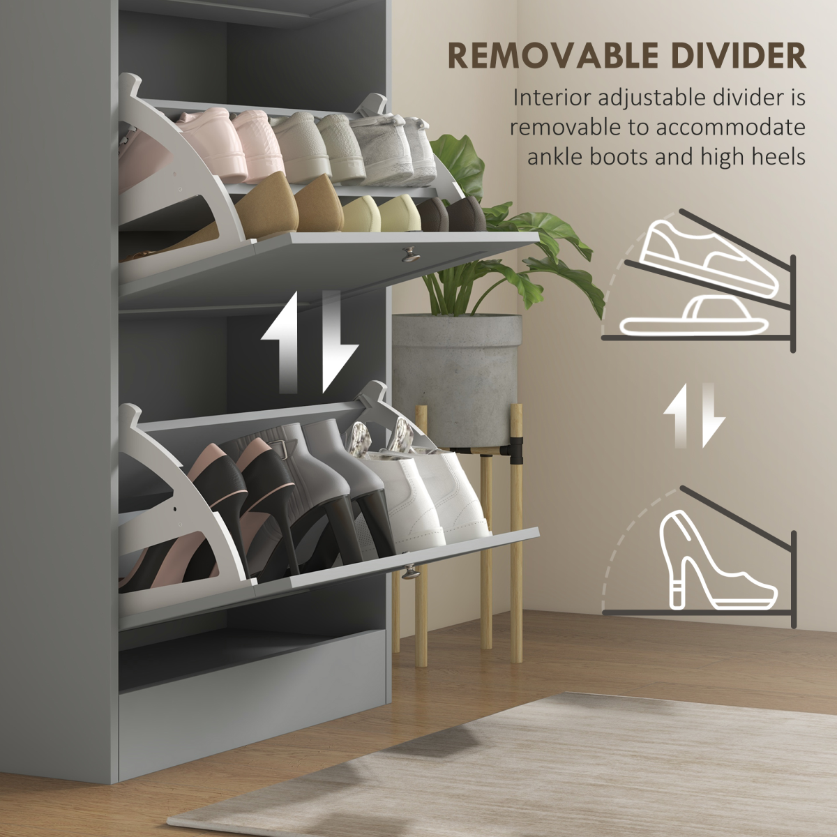 HOMCOM Narrow Shoe Cabinet with 3 Flip Drawers for 18 Pairs of Shoes Grey