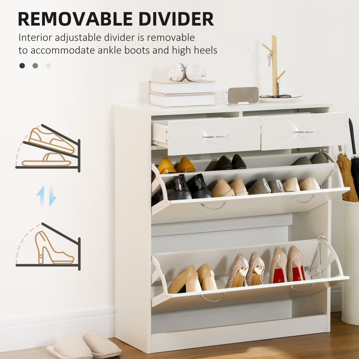 HOMCOM Slim Shoe Cabinet with 2 Flip Drawers for 12 Pairs of Shoes White