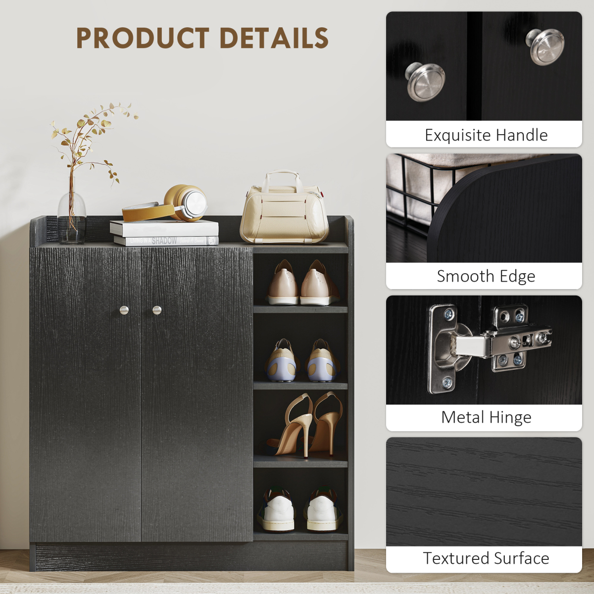 HOMCOM Shoe Storage Cabinet Footwear Rack Stand w/Adjustable Shelves Black