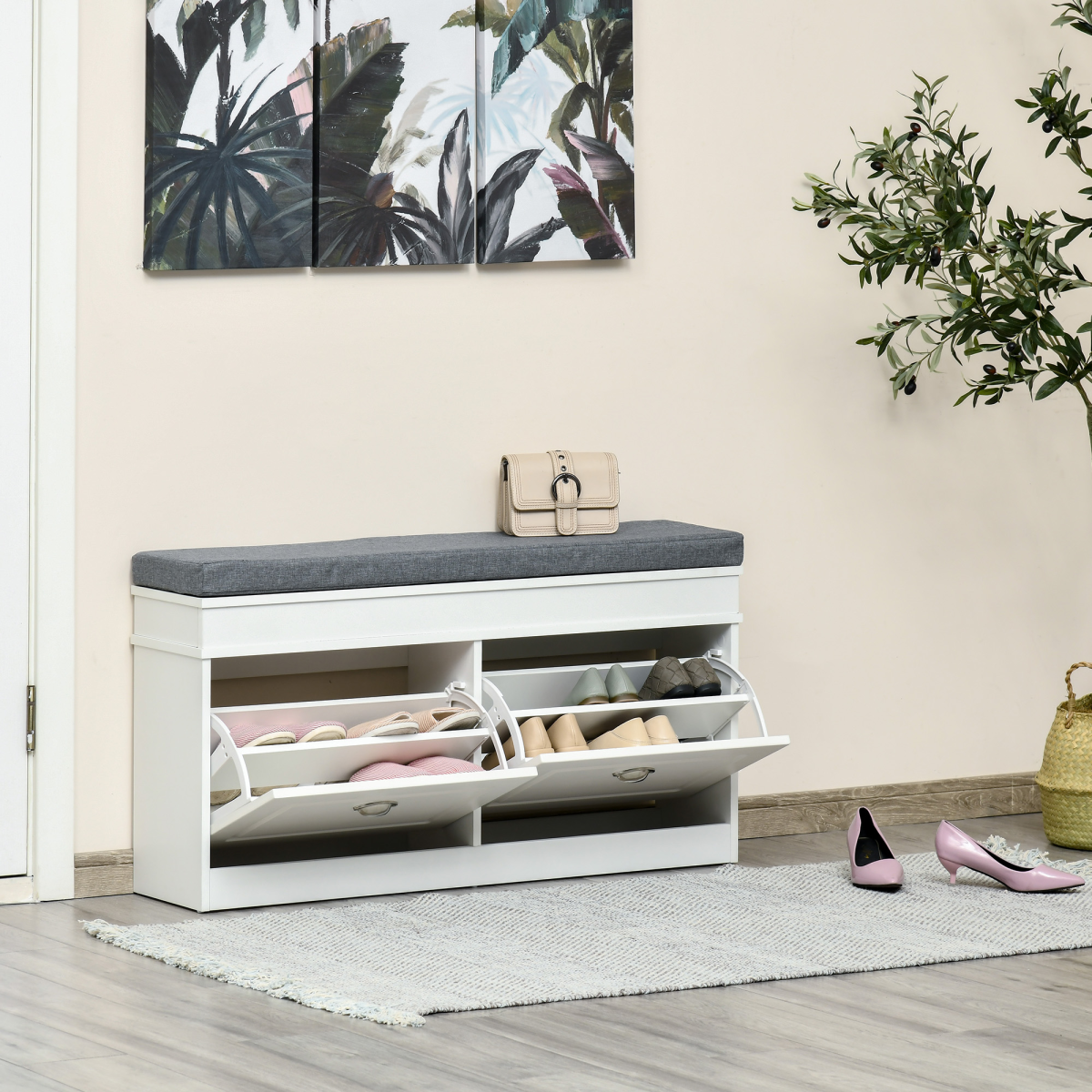 Shoe Storage Bench with Seat Cushion Cabinet Organizer with 2 Drawers