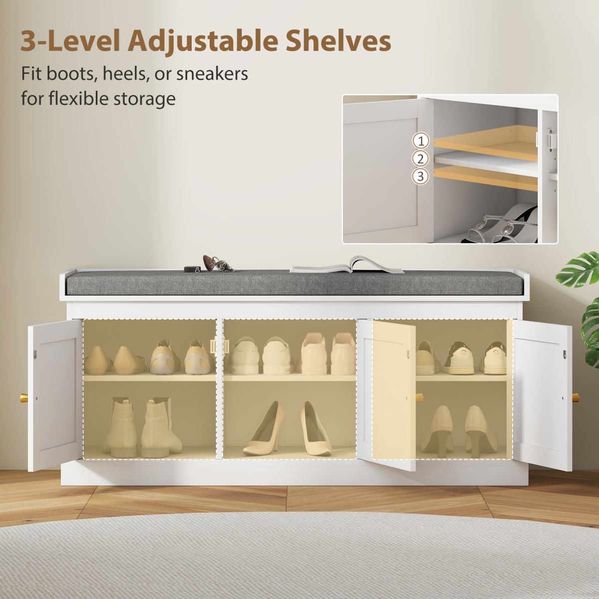 HOMCOM Shoe Storage Bench with Rattan Doors, Cushion, Entryway Shoe Bench