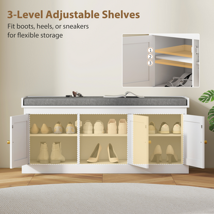 HOMCOM Shoe Storage Bench with Rattan Doors, Cushion, Entryway Shoe Bench