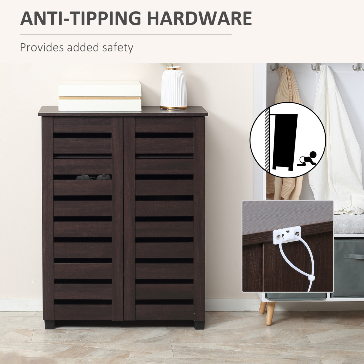 HOMCOM Shoe Storage Cabinet with Slatted Doors for 15 Pairs of Shoes Brown