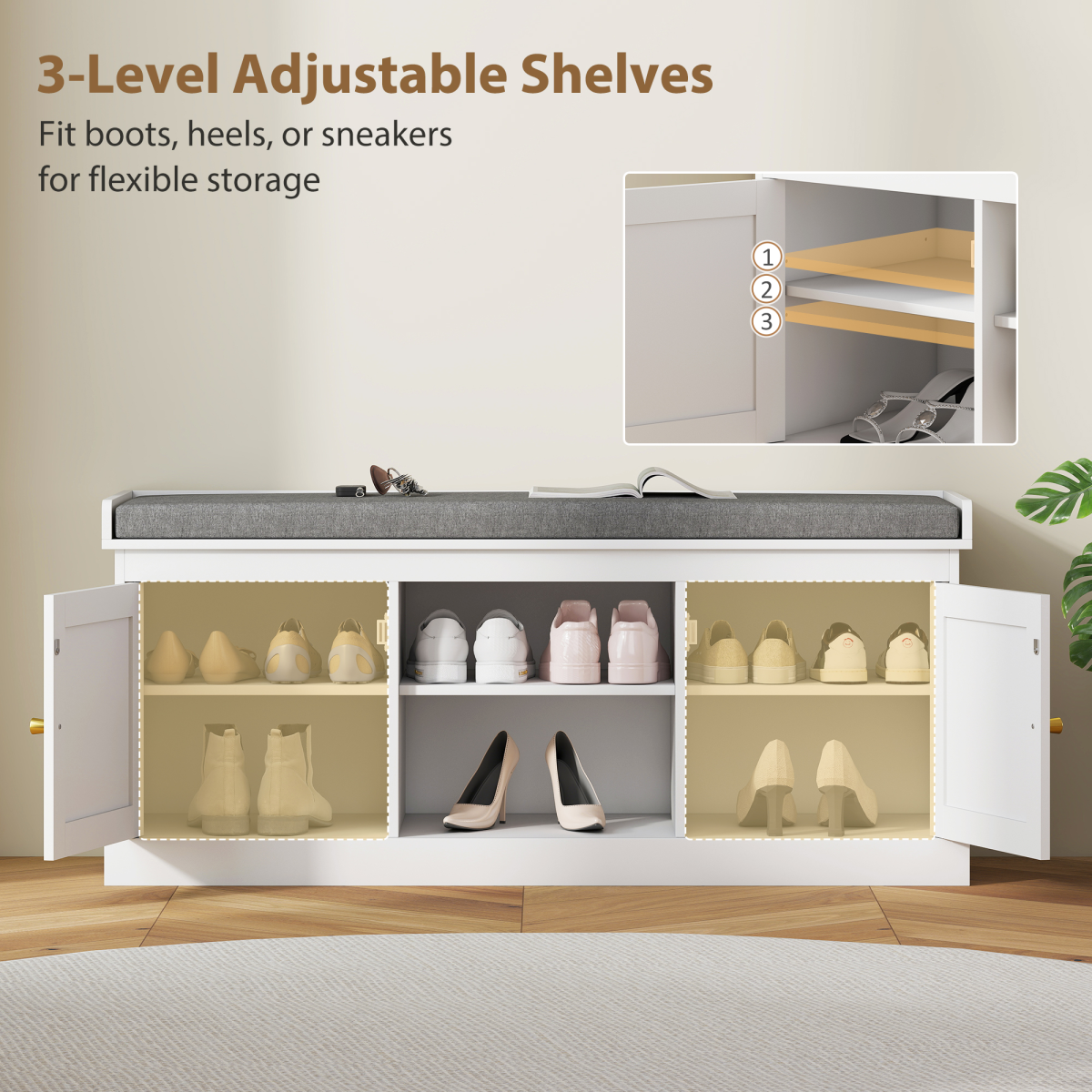 HOMCOM Shoe Bench, Boho Shoe Storage Bench with Padded Cushion, White