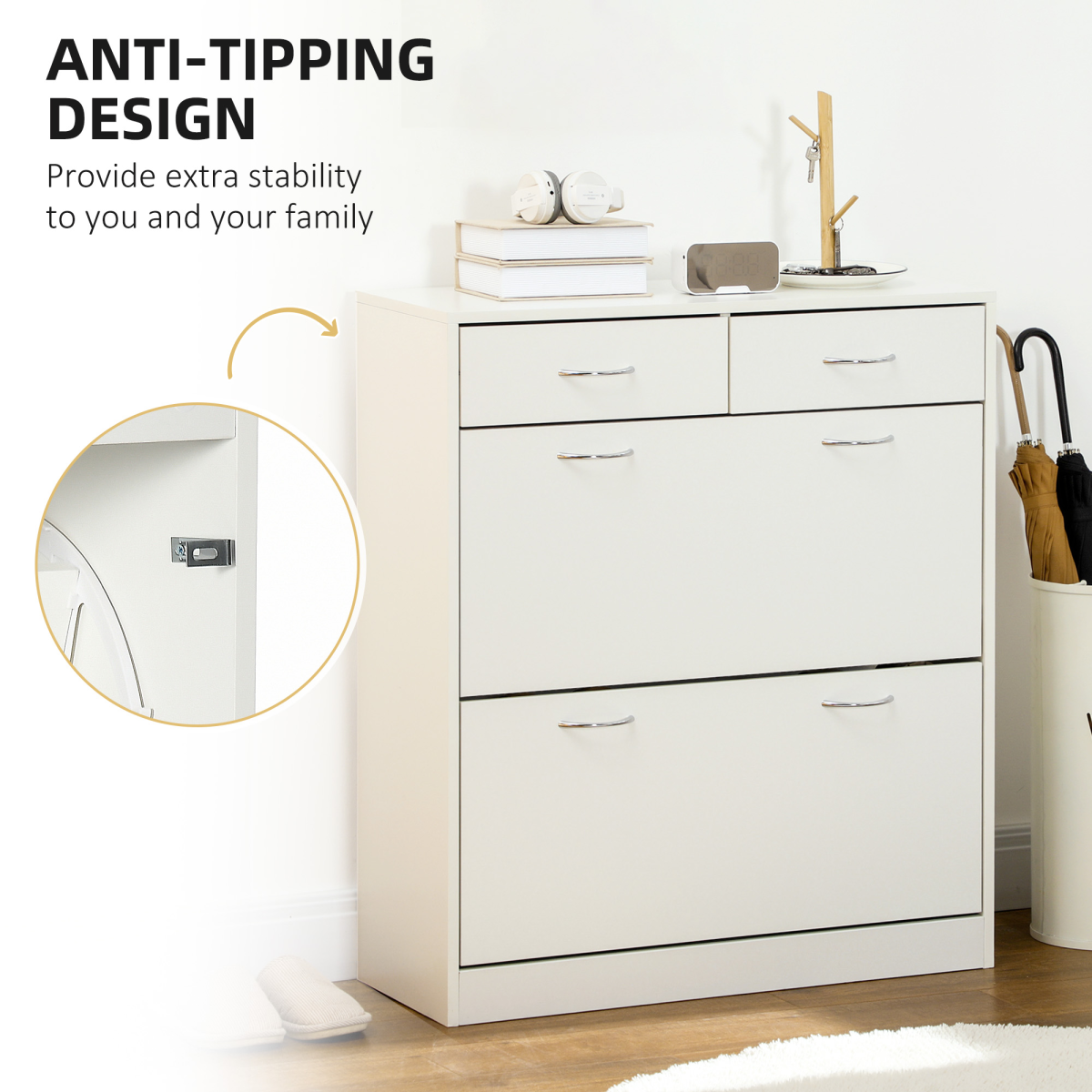 HOMCOM Slim Shoe Cabinet with 2 Flip Drawers for 12 Pairs of Shoes White