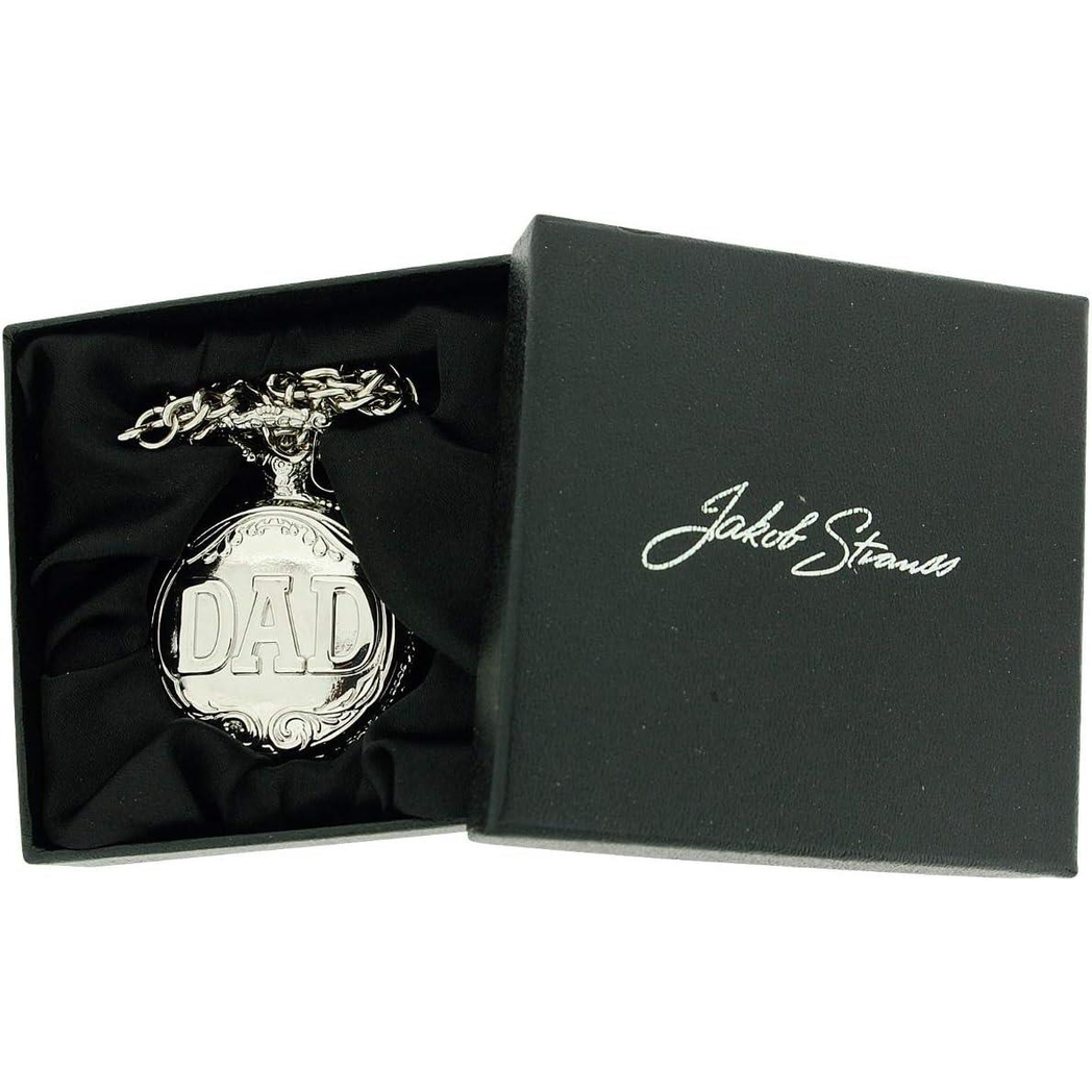 Jakob Strauss DAD Classic Silver Tone & 12 Inch Brass Chain Pocket Watch - CLEARANCE NEEDS RE-BATTERY