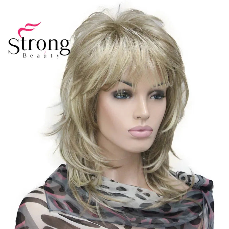 Lady Women Blonde With Dark Root Medium Length Cascaded Layers Synthetic Hair Full Wig for women