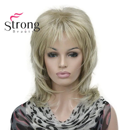 Lady Women Blonde With Dark Root Medium Length Cascaded Layers Synthetic Hair Full Wig for women