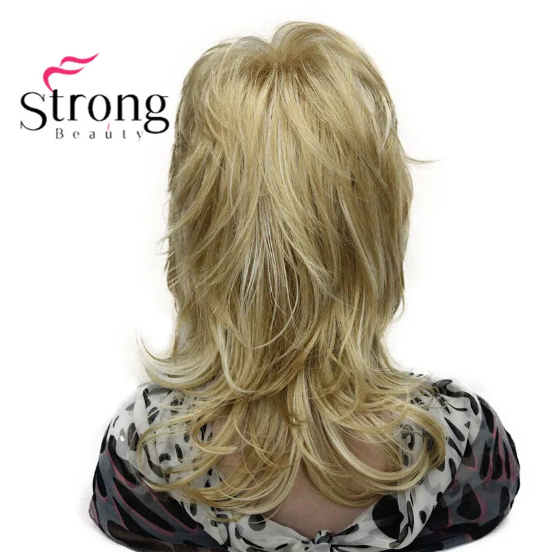 Lady Women Blonde With Dark Root Medium Length Cascaded Layers Synthetic Hair Full Wig for women