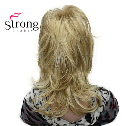Lady Women Blonde With Dark Root Medium Length Cascaded Layers Synthetic Hair Full Wig for women