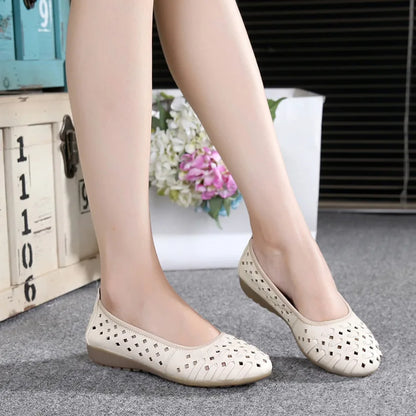 WOIZGIC Mother Women Shoes Sandals Flats Hollow Out Genuine Leather Slip On Loafers Soft Summer Beach Vintage Plus Size 42 43
