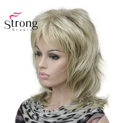 Lady Women Blonde With Dark Root Medium Length Cascaded Layers Synthetic Hair Full Wig for women