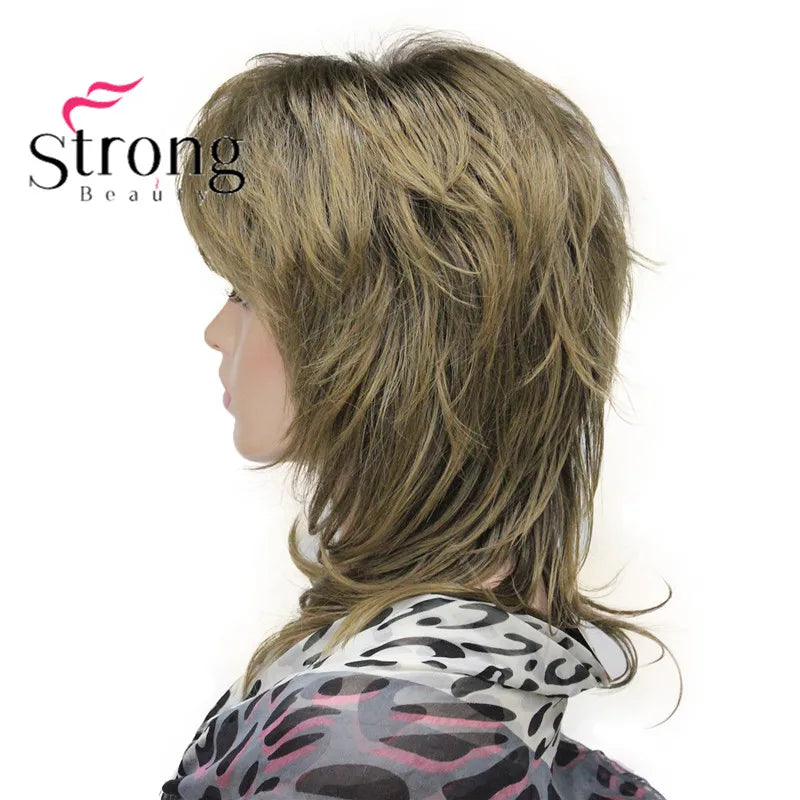 Lady Women Blonde With Dark Root Medium Length Cascaded Layers Synthetic Hair Full Wig for women