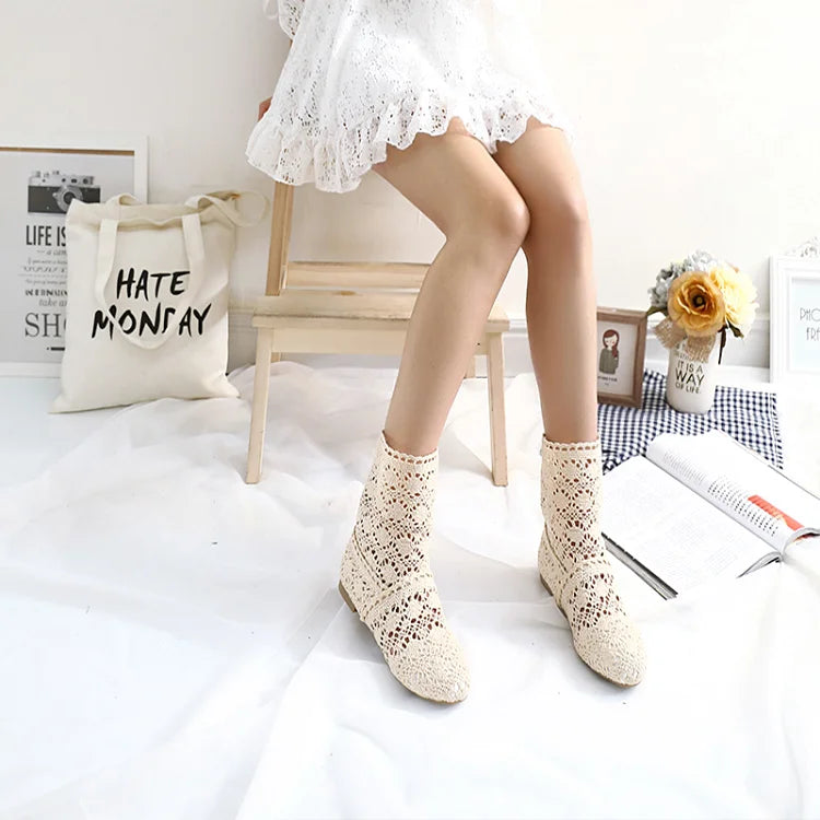 Summer Shoes Breathable Mesh Summer Boots Women Flat Heel Ankle Botas Womens Boots Fashion Cut-Outs Brand ZH262
