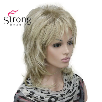 Lady Women Blonde With Dark Root Medium Length Cascaded Layers Synthetic Hair Full Wig for women