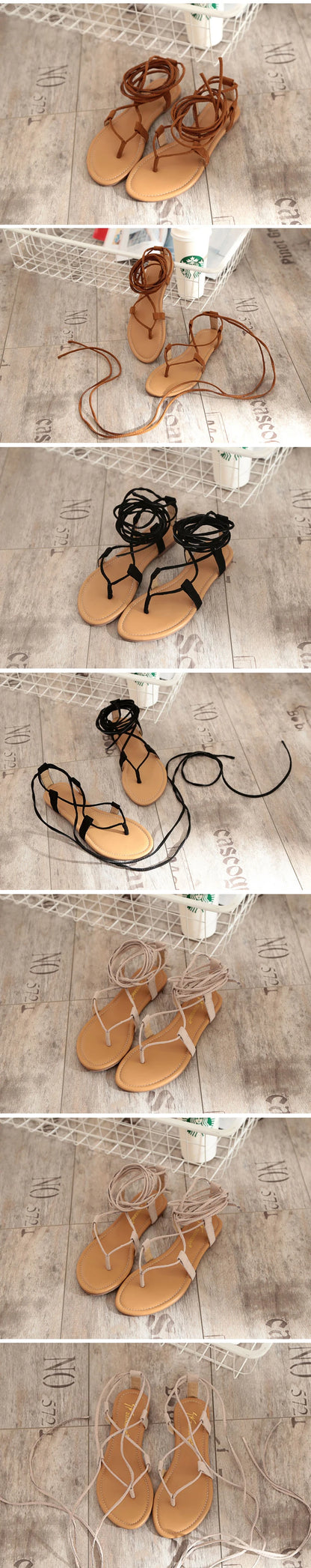 Eilyken Summer Roman Sandals Cross-Strap Tall Knee High Bondage Thong Flat Women Sandals Flip Flops Black Apricot
