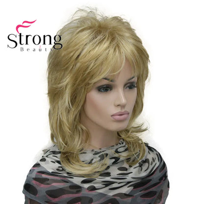 Lady Women Blonde With Dark Root Medium Length Cascaded Layers Synthetic Hair Full Wig for women