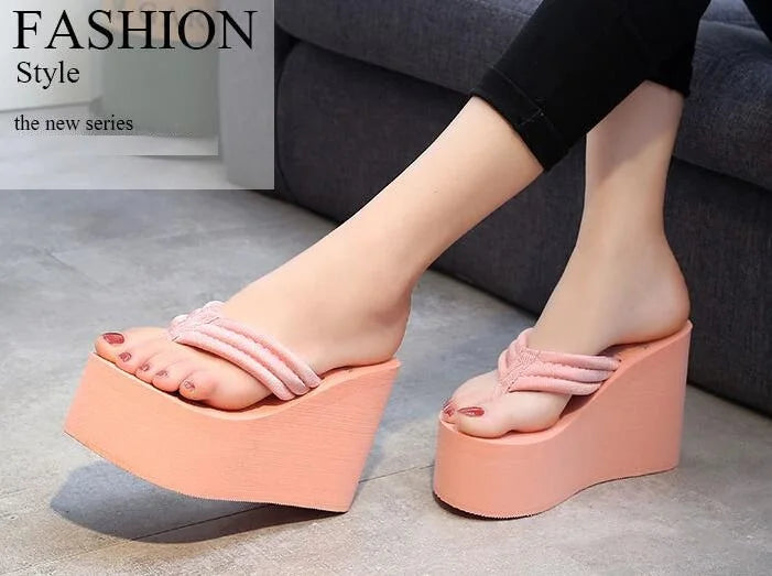 Women Fashion Summer Chunky Sole Wedges Heels Flip Flops Casual Shoes New Arrival Waterproof Taiwan Slippers Sexy Lady Sandals