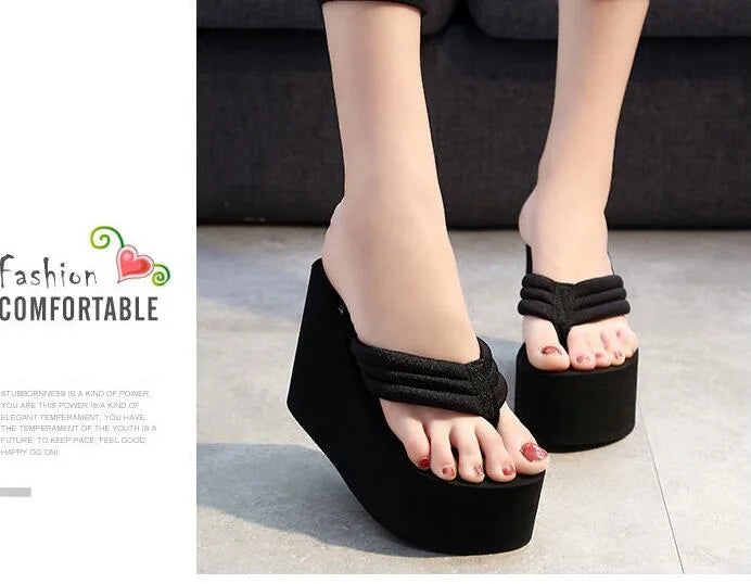Women Fashion Summer Chunky Sole Wedges Heels Flip Flops Casual Shoes New Arrival Waterproof Taiwan Slippers Sexy Lady Sandals