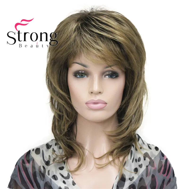 Lady Women Blonde With Dark Root Medium Length Cascaded Layers Synthetic Hair Full Wig for women