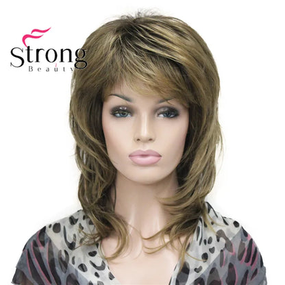 Lady Women Blonde With Dark Root Medium Length Cascaded Layers Synthetic Hair Full Wig for women