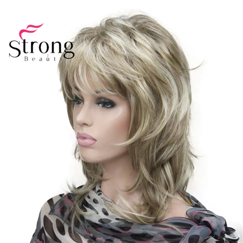 Lady Women Blonde With Dark Root Medium Length Cascaded Layers Synthetic Hair Full Wig for women