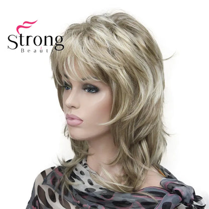 Lady Women Blonde With Dark Root Medium Length Cascaded Layers Synthetic Hair Full Wig for women