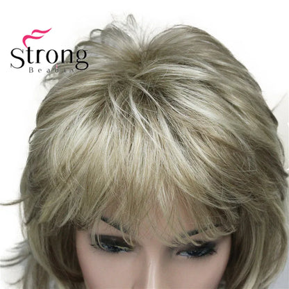 Lady Women Blonde With Dark Root Medium Length Cascaded Layers Synthetic Hair Full Wig for women