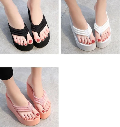 Women Fashion Summer Chunky Sole Wedges Heels Flip Flops Casual Shoes New Arrival Waterproof Taiwan Slippers Sexy Lady Sandals