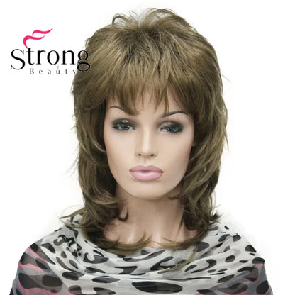 Lady Women Blonde With Dark Root Medium Length Cascaded Layers Synthetic Hair Full Wig for women
